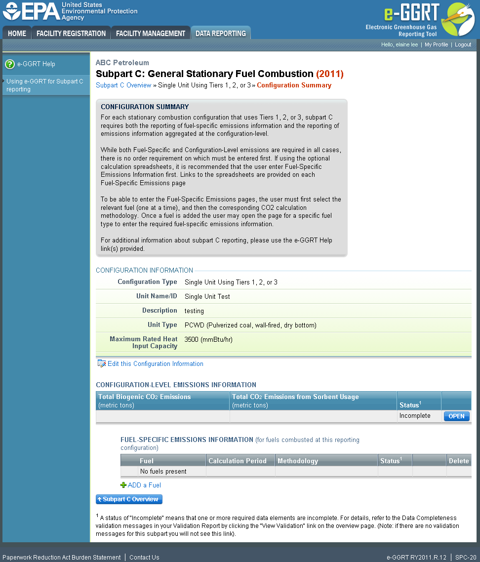 Subpart C Fuel Identification Configuration Type